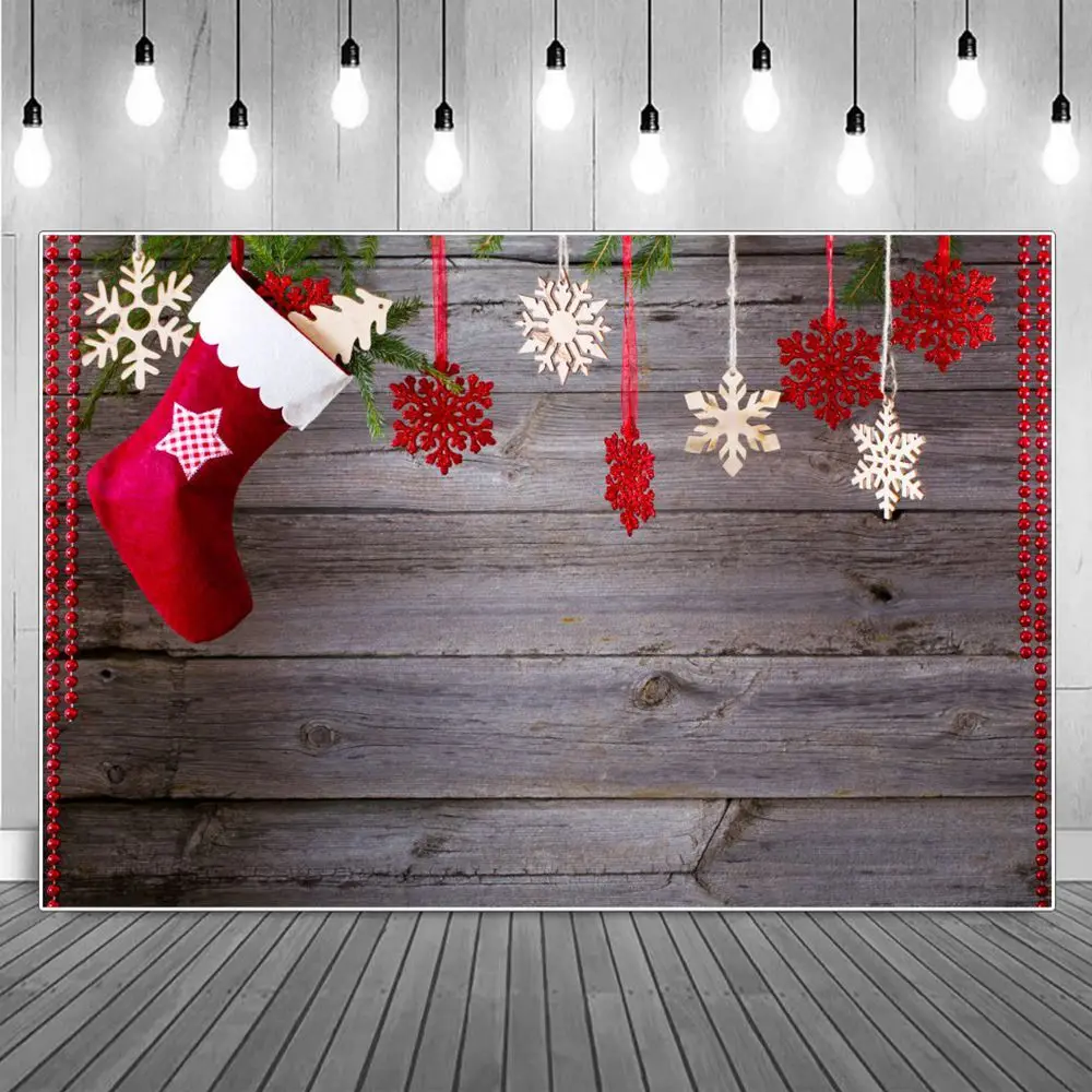 

Kids Red Christmas Boots Snowflake Photography Backdrops Custom Baby Wooden Board Pine Branch Decoration Studio Photo Background