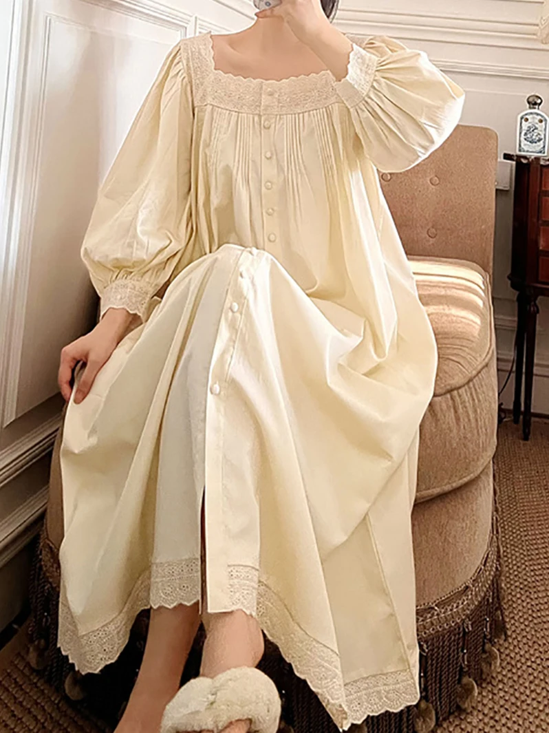 

Women Victorian Night Dress Spring Autumn Pure Cotton Long Sleeve Peignoir Vintage Nightgowns Sleepwear Princess Nightwear