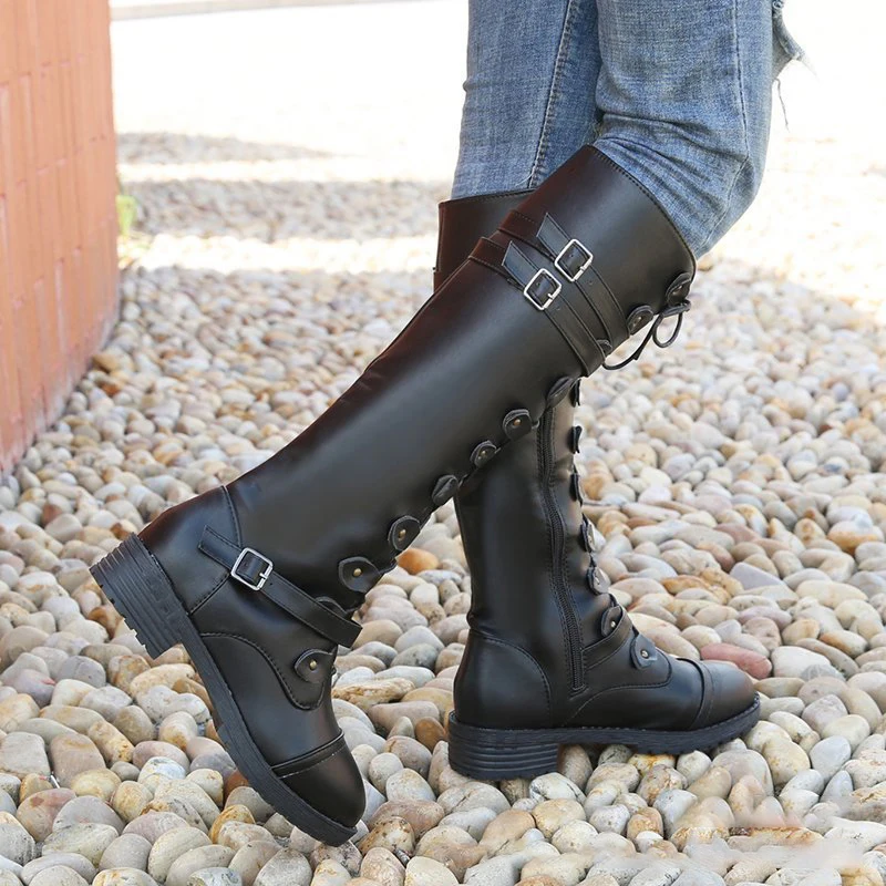 

2022 New Knight Boots Women's Autumn Winter Thick Heel Flat Bottomed Retro Round Head Belt Buckle Boots Botas Altas Mujer