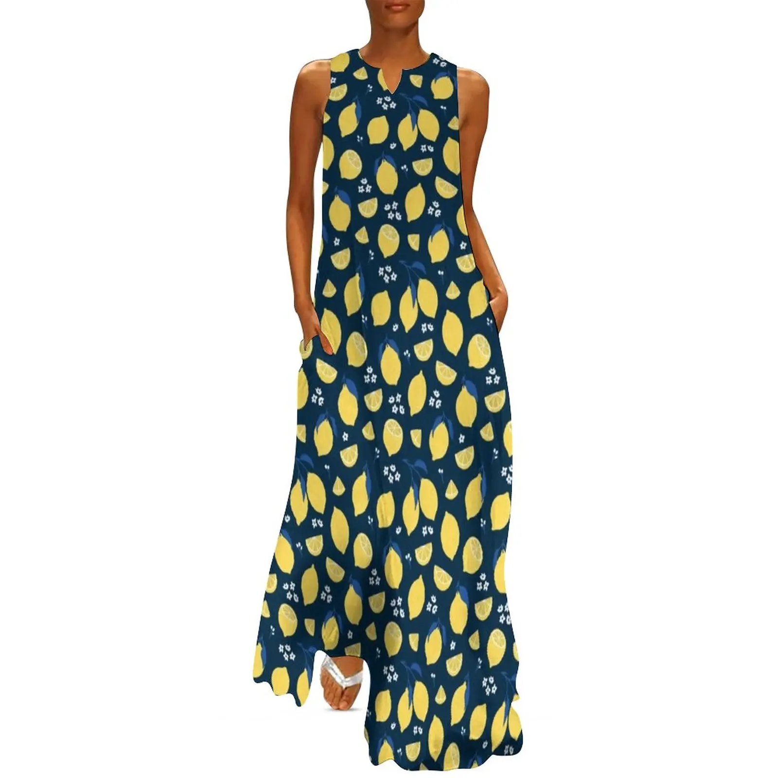 Yellow Fruit Print Dress Lemon Pattern Elegant Maxi Dress Aesthetic Boho Beach Long Dresses Spring Sleeveless Graphic Vestidos