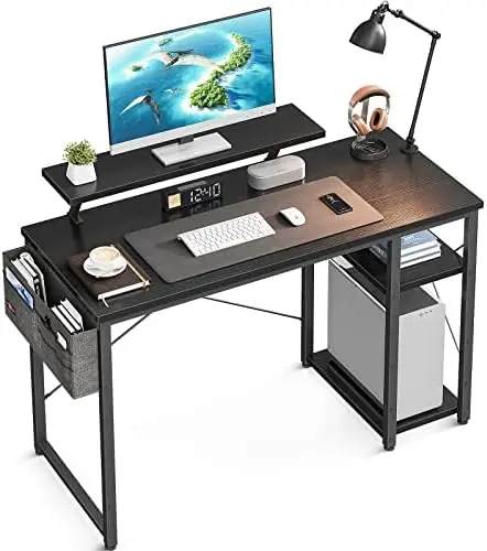 

Inch Computer Desk with Monitor Stand and Reversible 2-Tier Storage Shelves, Home Office Desks, Work Study PC Office Desk for Sm