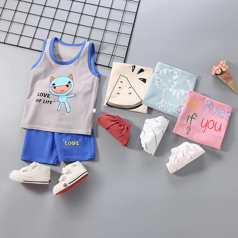 

Kids Cotton Vest Pants Matching Sets Summer Boy Sleeveless Cartoon Tops Shorts Suit 0-5Y Young Child Clothing Girl Casual Outfit