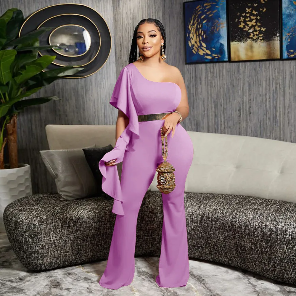 

Spring Summer Fashion Jumpsuit Women's Solid Diagonal Collar Ruffle Flare Trousers Elegant Temperament Slim Fit Jumpsuit Women