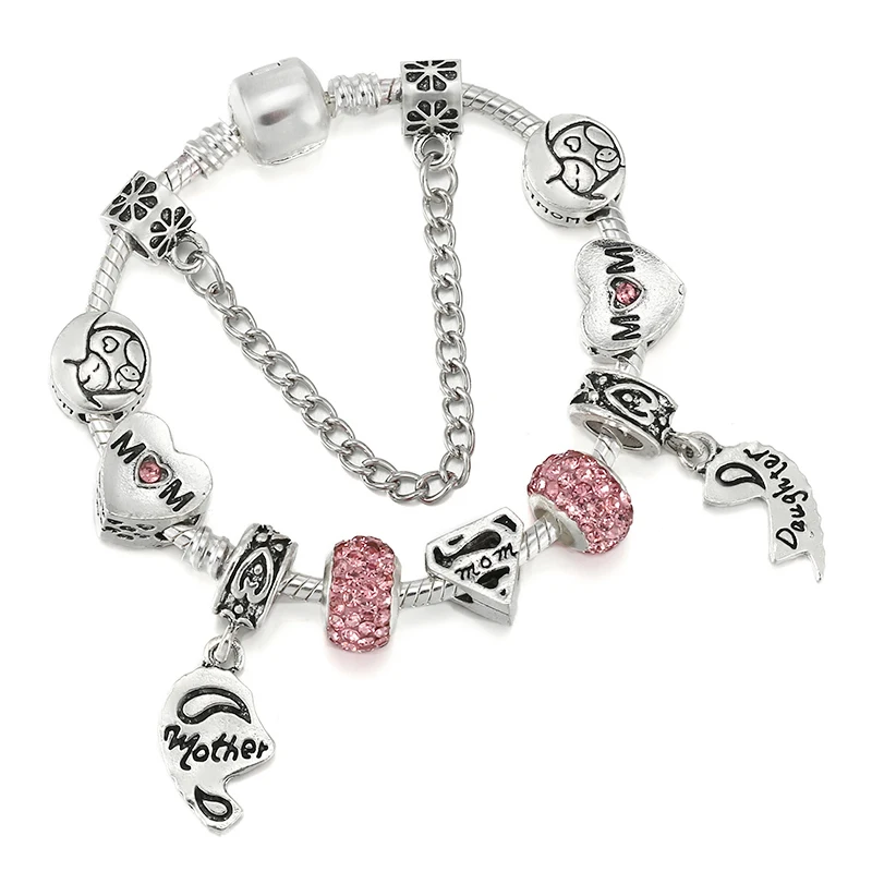 

Dropshipping Silver Plated Heart Charm Bracelet With Daughter & Mother Pendants For Women Mother's Day Jewelry Gift Making