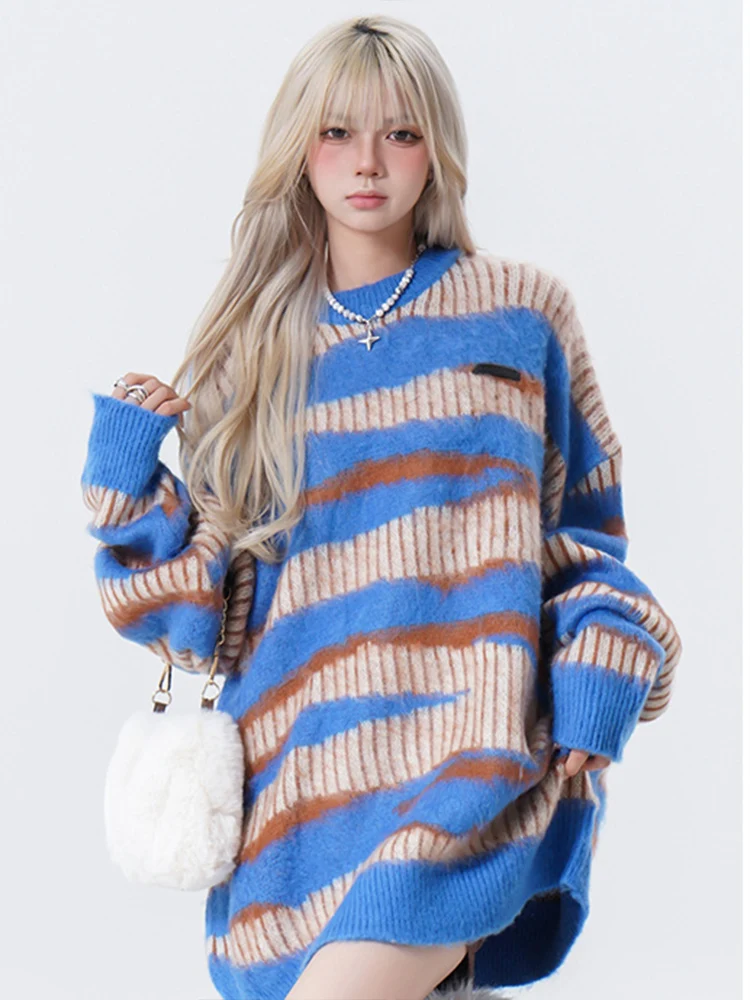 

Винтажный полосатый свитер в стиле Харадзюку, женские осенне-зимние вязаные пуловеры с длинным рукавом, женские шикарные повседневные свободные уличные Топы Y2k