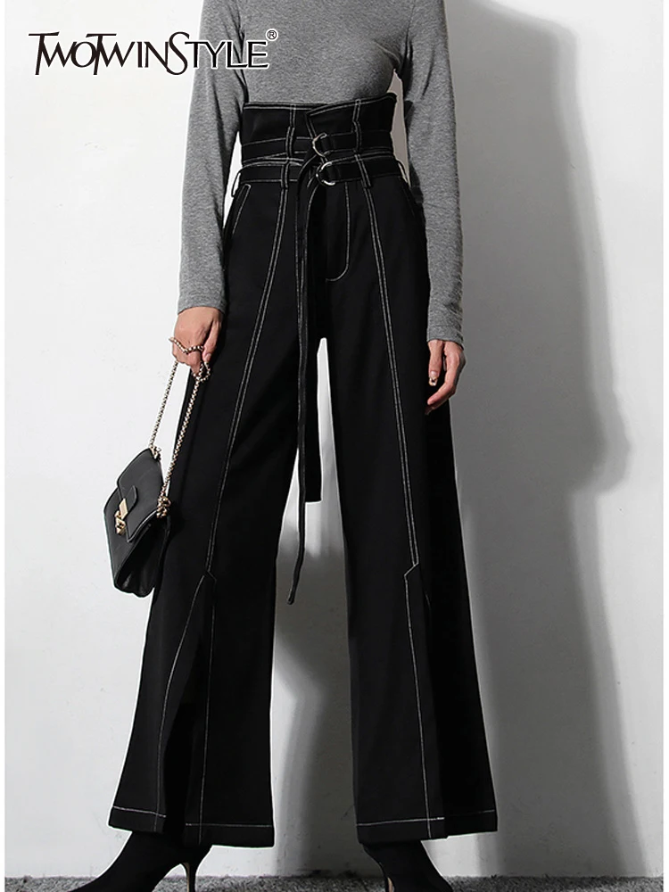 

TWOTWINSTYLE Streetwear Wide Leg Pants For Women High Waist Loose Patchwork Bright Line Decoration Trousers Female Clothing 2022