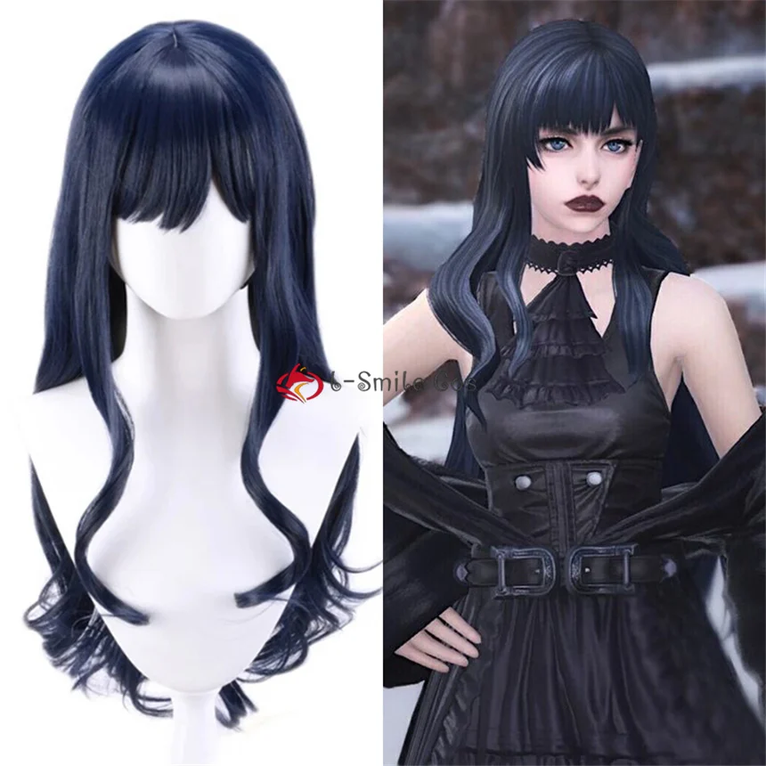 Final Fantasy XIV 14 Cosplay FF14 FFXIV Gaia Wig 80cm Long Navy Blue Curly Bangs Heat Resistant Synthetic Hair + Wig Cap