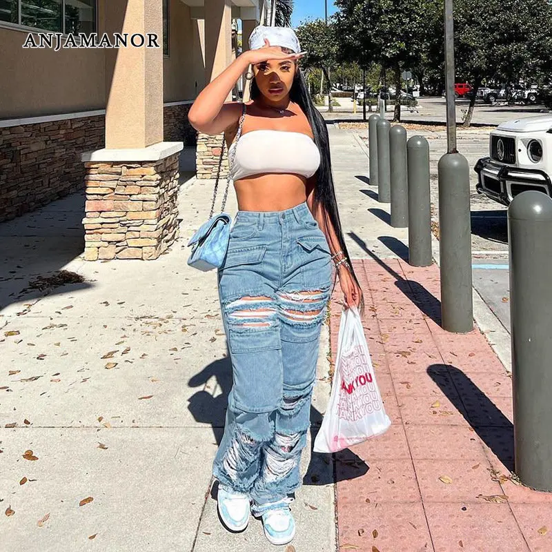 

ANJAMANOR Ripped Wide Leg Baggy Jeans Elastic High Waist Pockets Cargo Pants Women Y2k Streetwear Blue Denim Trousers D73-FC62