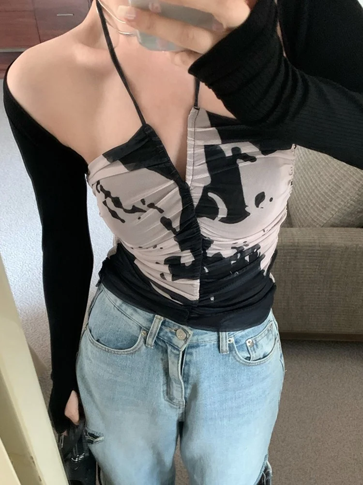 Женская футболка из двух предметов черная на шнуровке и накидка Винтажная в