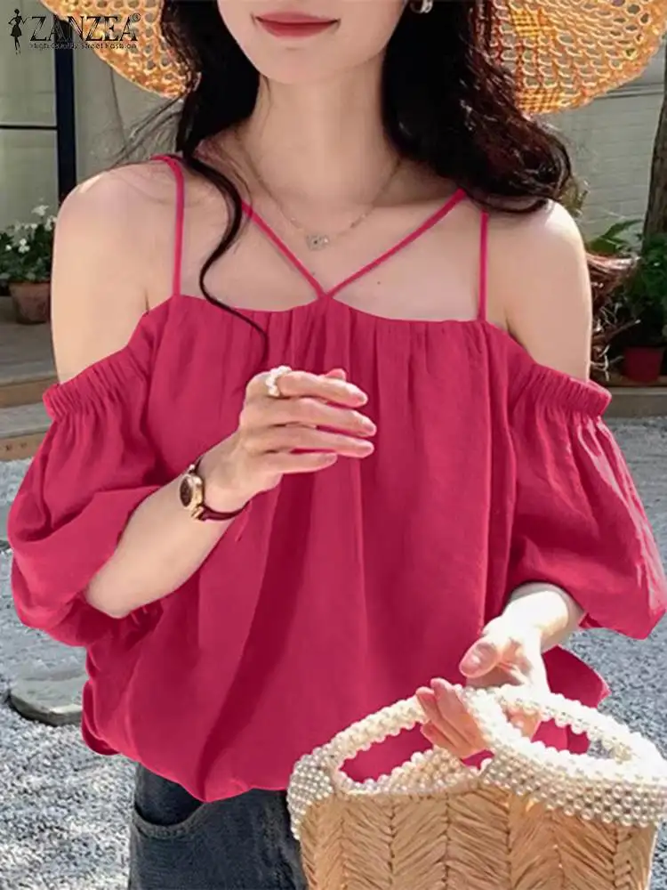 

ZANZEA Summer 2023 Oversized Smock Tops Off Shoulder Stylish Women Fashion Blusas Chic Puff Short Sleeve Straps Solid Blouses