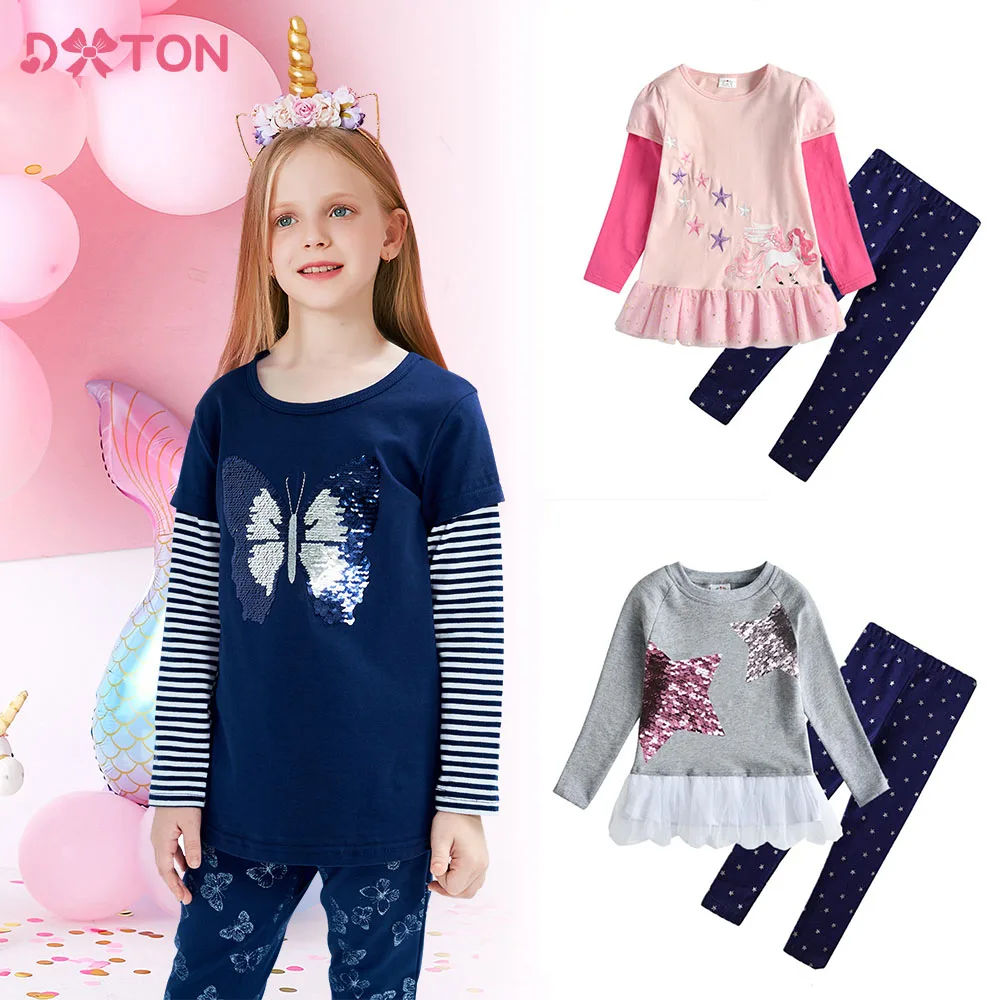

DXTON Girls Suits Children Clothing Cotton T-shirt and Printed Leggings Long Sleeve Tops Pants Kids Clothes 3-12 Years Sets 2PCS