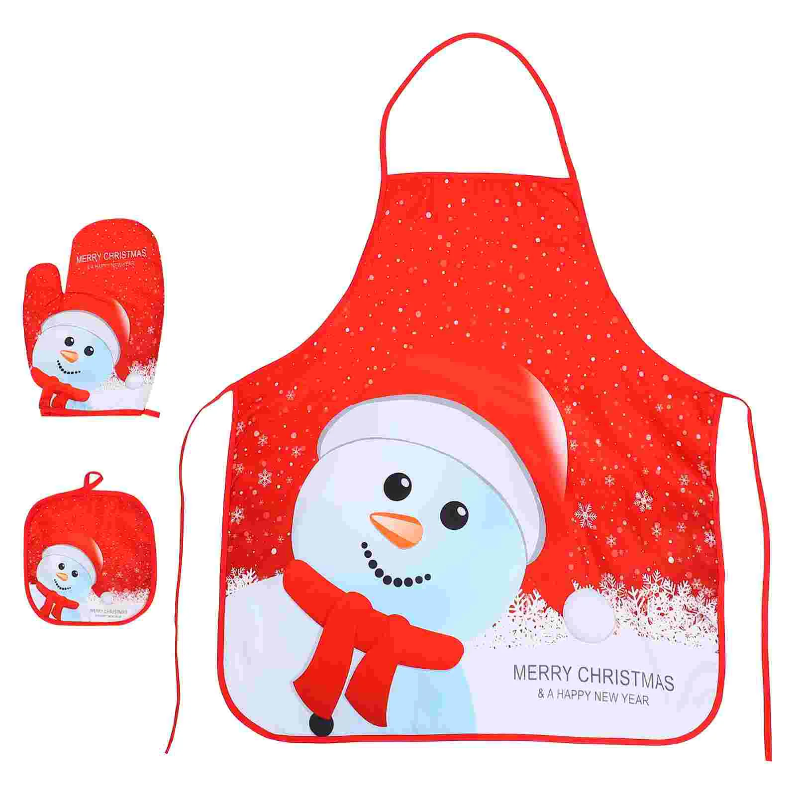

Christmas Apron with Merry Christmas Snowman Snowflake Red Kitchen Pinafore for Cooking Crafting