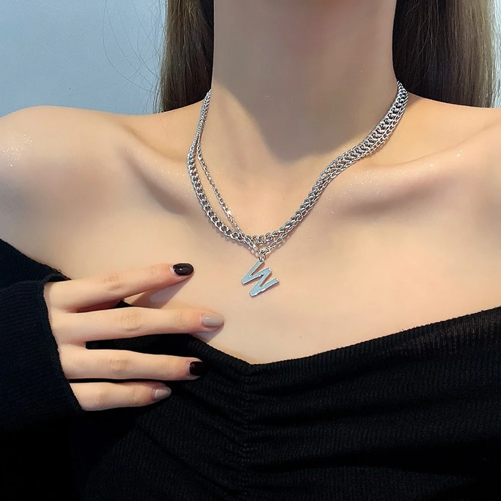 

New Punk Style Hip Hop Double Layer Chain Short Necklace for Woman Man W Letter Pendant Neck Chain Fashion Jewelry Sweater Chain