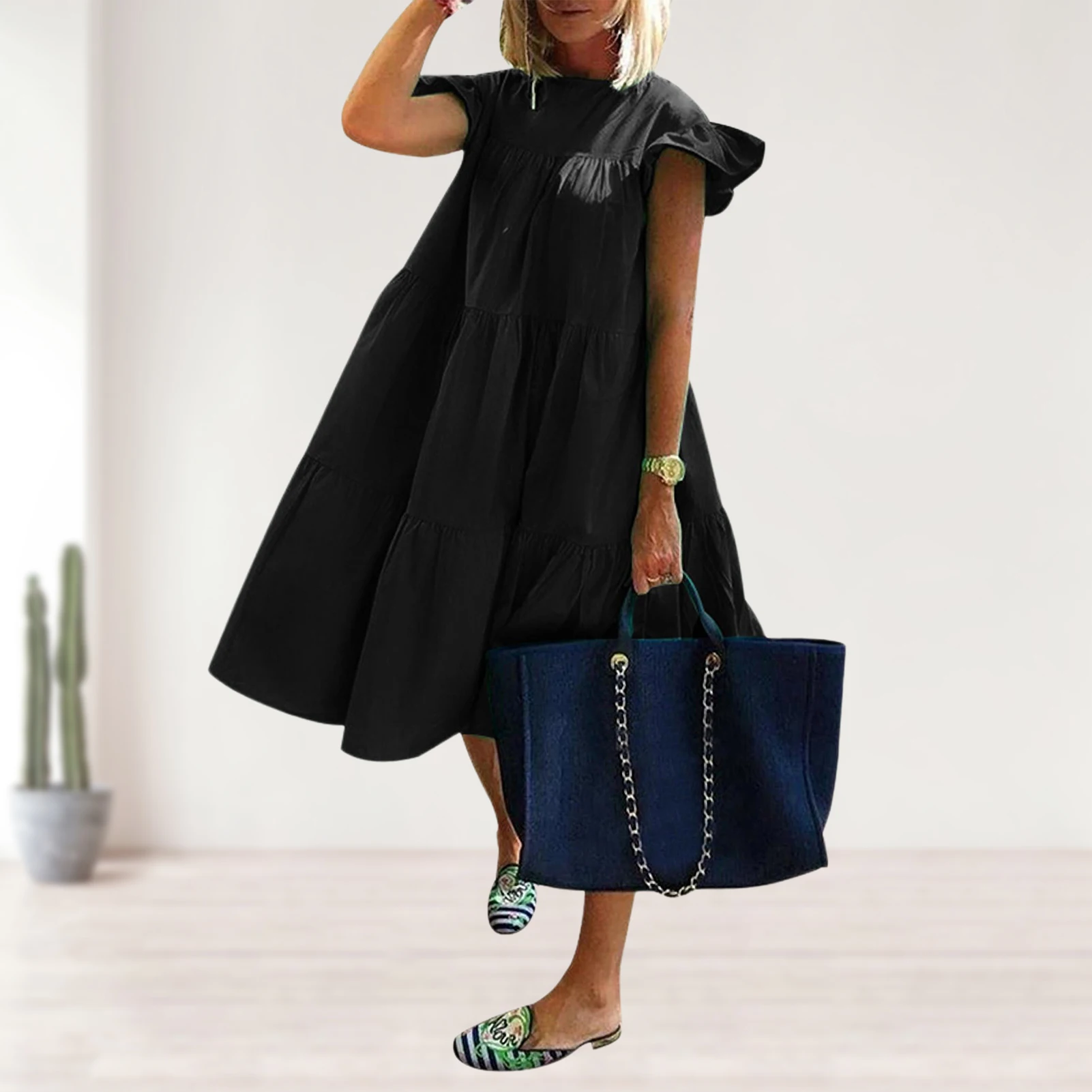 

Women A Line Black Dress Boho Short Sleeve Big Hem Casual Woman Female Loose Ruffles Mini Dresses for 2023 Summer Robe Femme