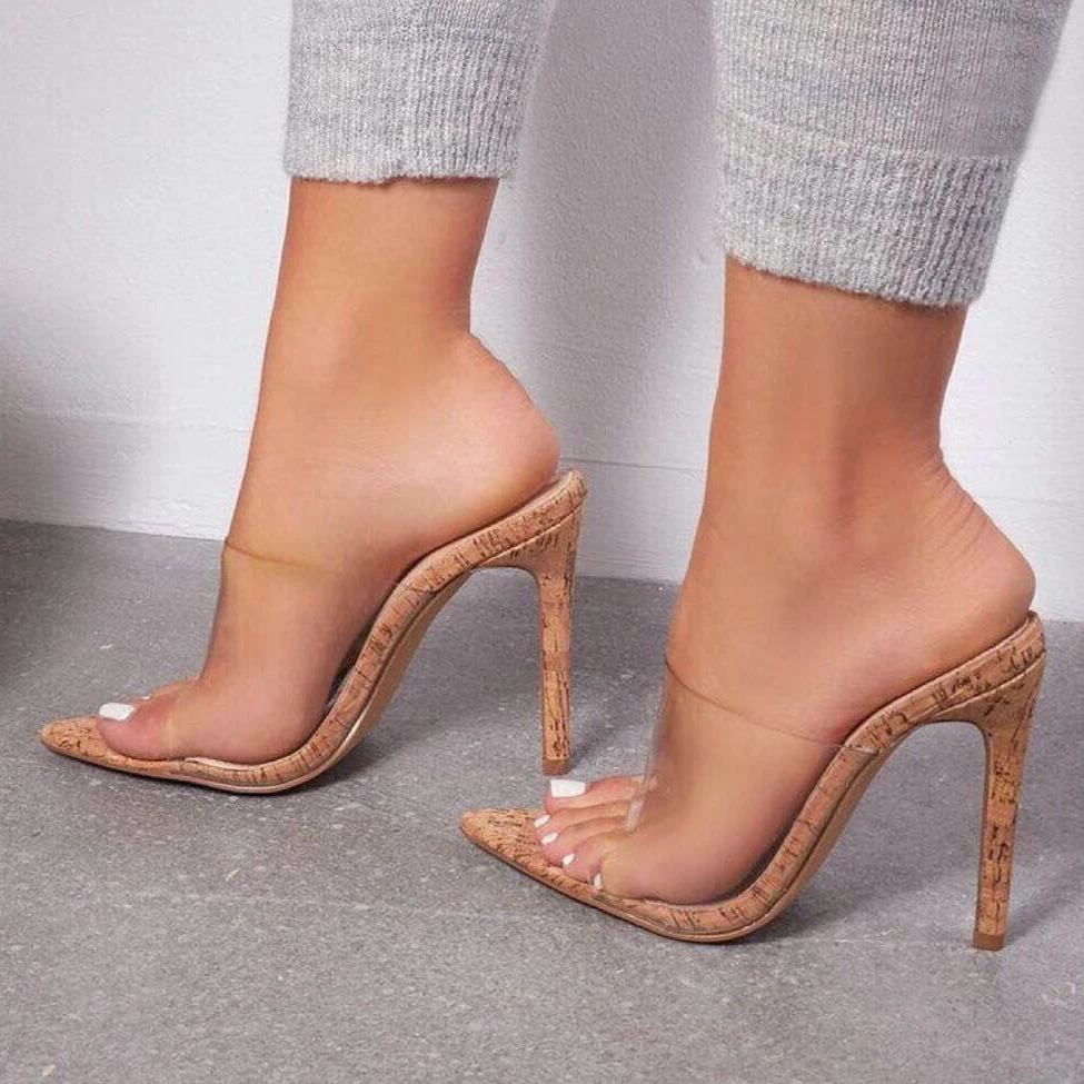 

Women Summer Sandals 2022 New Fashion PVC Transparent Sexy Slim High Heel Pointed Toe Peep Toe Slippers Slip on Women Shoes