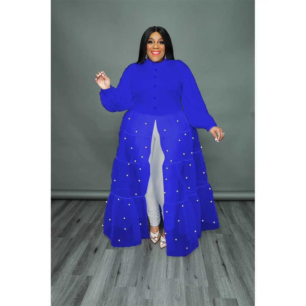 Plus Size Dresses Designer Dress Women Luxury 2022 Runway Ankle-Length Long Sleeve Turn-down Collar Button Full Solid  Loose