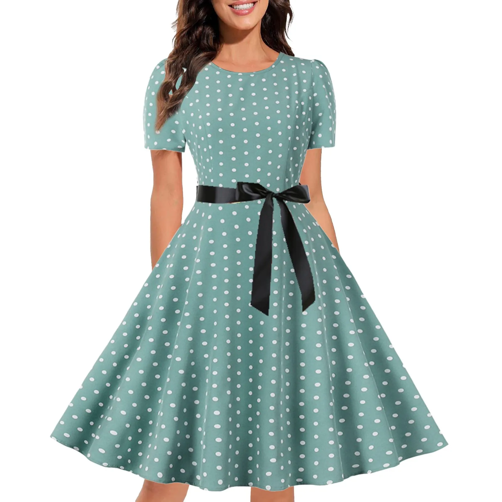 

Women's Vintage Print Cocktail Dresses Short Sleeve Swing Party Dresses Big Swing Puffy Dresses Tube Dress Bandage Women