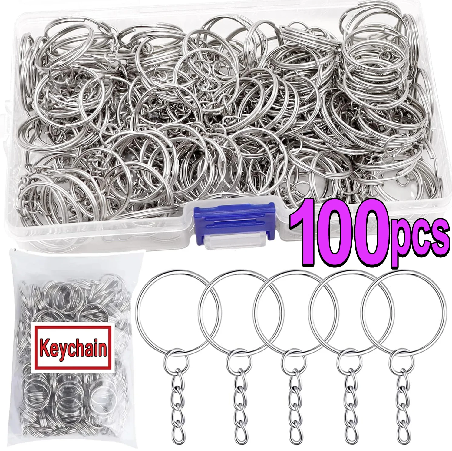 

50-100pcs Stainless Steel Metal Blank Keyring Keychain Split Rings DIY Keyfob Key Ring Lobster Clasp Key Pendant Chains Buckles