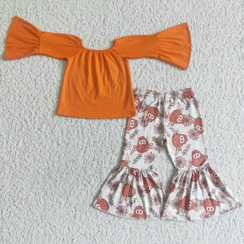 

kids outfit orange long sleeve and bell bottom pants girl fall clothing set boutique children sets