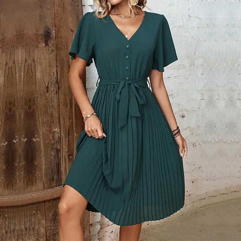 

Summer Elegant Womens Pleated French Dress Retro Polyester Empire