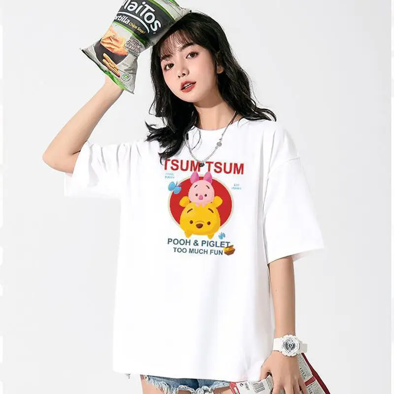 

Футболка из натурального хлопка с изображением Винни-Пуха, в Корейском стиле, свободная, с принтом в виде свинок
