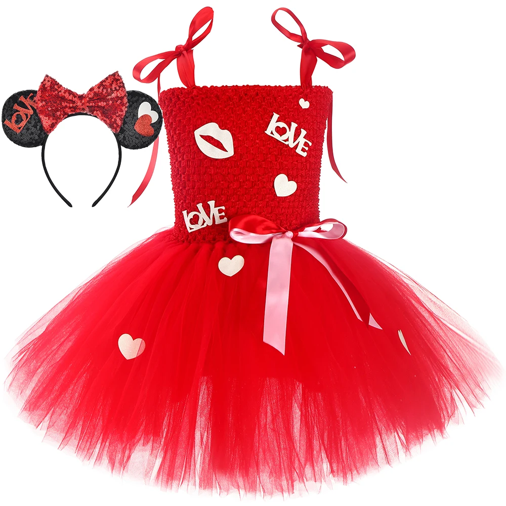 

Red Girls Valentines Day Tutu Dress Minnie Headband Love Heart Princess Dress Baby Birthday Gift Kids Christmas New Year Costume