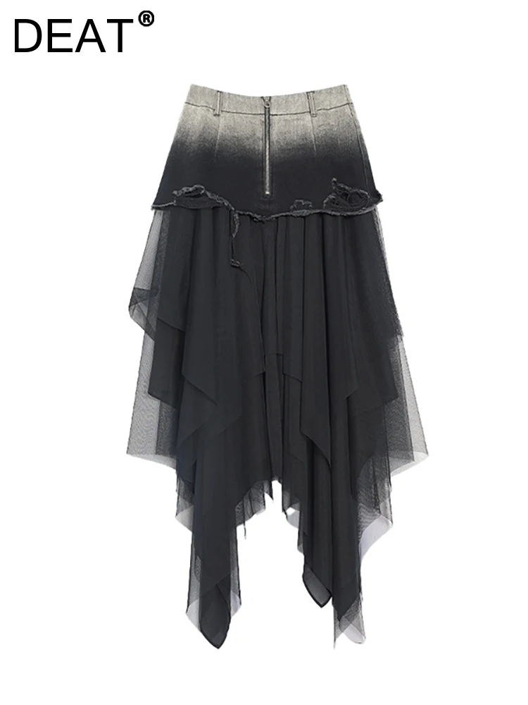 

Женская джинсовая юбка с завышенной талией DEAT, черная Асимметричная сетчатая юбка составного кроя с градиентом и завязками, 29L3616, осень 2023