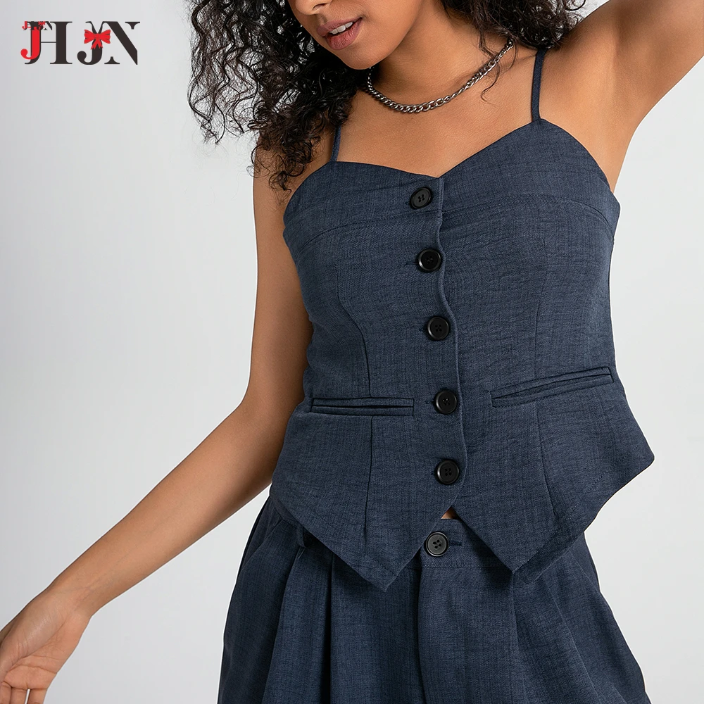 Jhjn темно-синие женские костюмы однотонные тонкие топы однобортные без рукавов