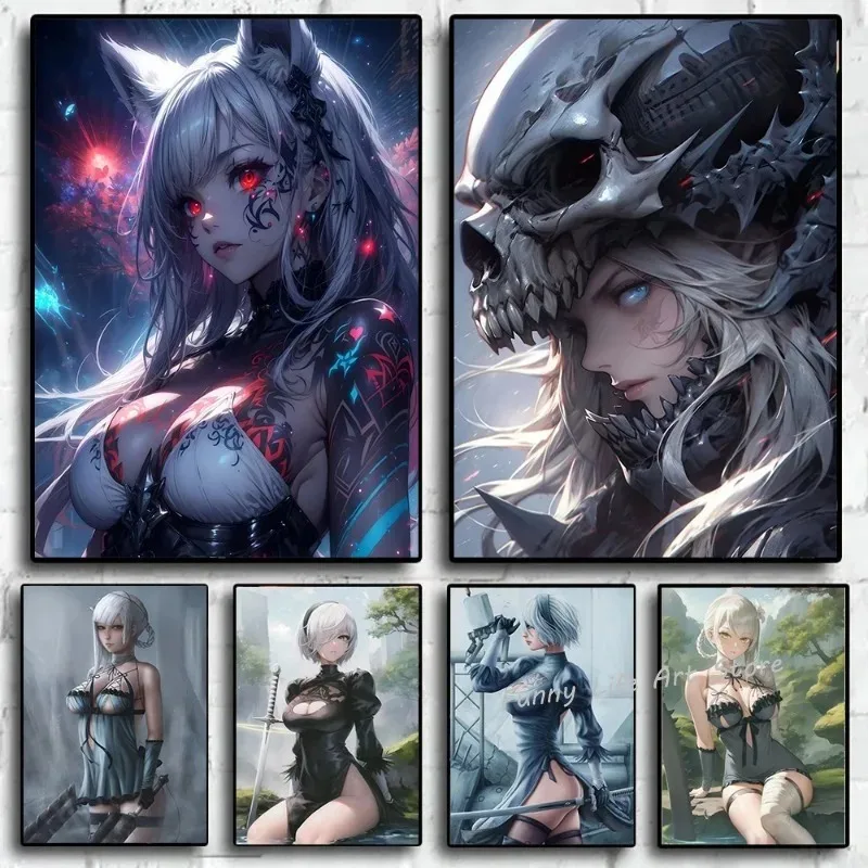 Киберпанк Неоновые Постеры С Котом И Сексуальной Убийцей Аниме Настенное