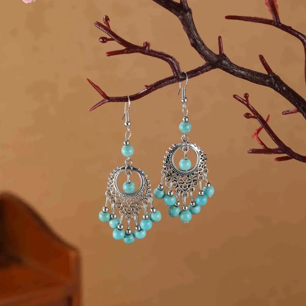 Богемные бирюзовые серьги с кисточками ушные крючки в этническом стиле висячие
