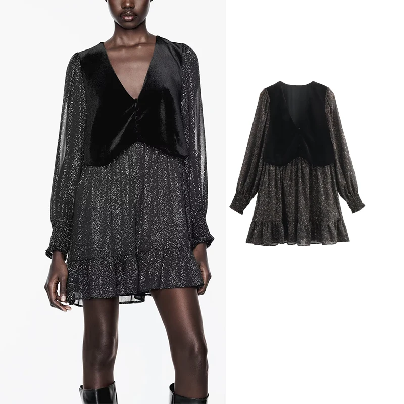 

TRAF 2024 Ruffle Short Dresses for Women V Neck Pleated Dress Women Long Sleeve Boho Dress Woman Vintage Female Party Dress