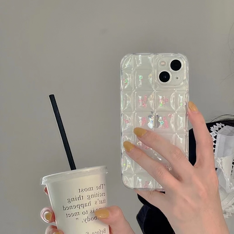 

Korean Cute Ice Cubes Pink Floral Flowers Transparent Phone Case For iPhone 11 12 13 Pro Xs Max Xr Xs Soft Silicone Cover Coque