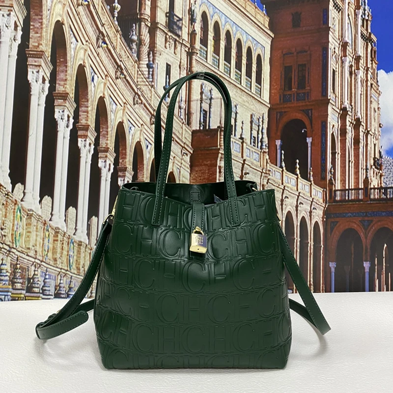 

100% Genuine Leather Embossed Pattern Bucket Bags for Women Luxury Brand Designer Purses and Handbags Women Solid Color Handbag