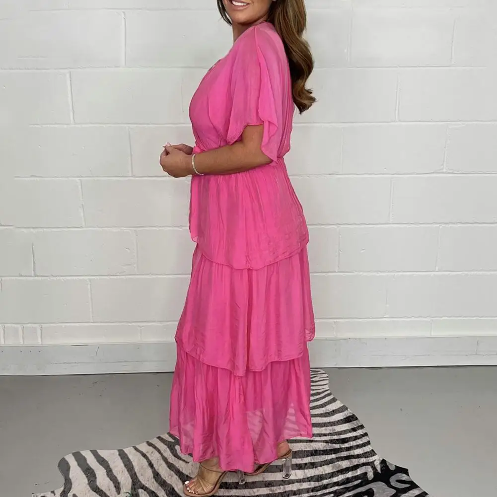 

Breathable Maxi Dress Stylish Multi-layered Maxi Dresses for Women Flattering V-neck Pleated High Waist Flying Sleeves for Beach