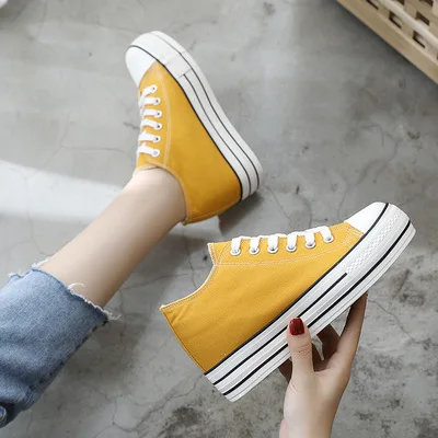 

2022 New Muffin Heavy-bottomed Shallow Mouth of Canvas Wedges Shoes for Women Casual Lace Up Shoes Student Flat Bottom Shoes