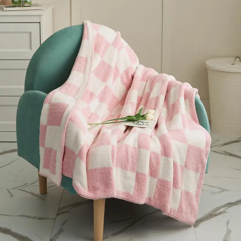 

Вязаное одеяло в скандинавском стиле, розовое винтажное Шахматное одеяло для дивана, зимнее теплое плюшевое Флисовое одеяло для пары, офисное полотенце для сна и дивана