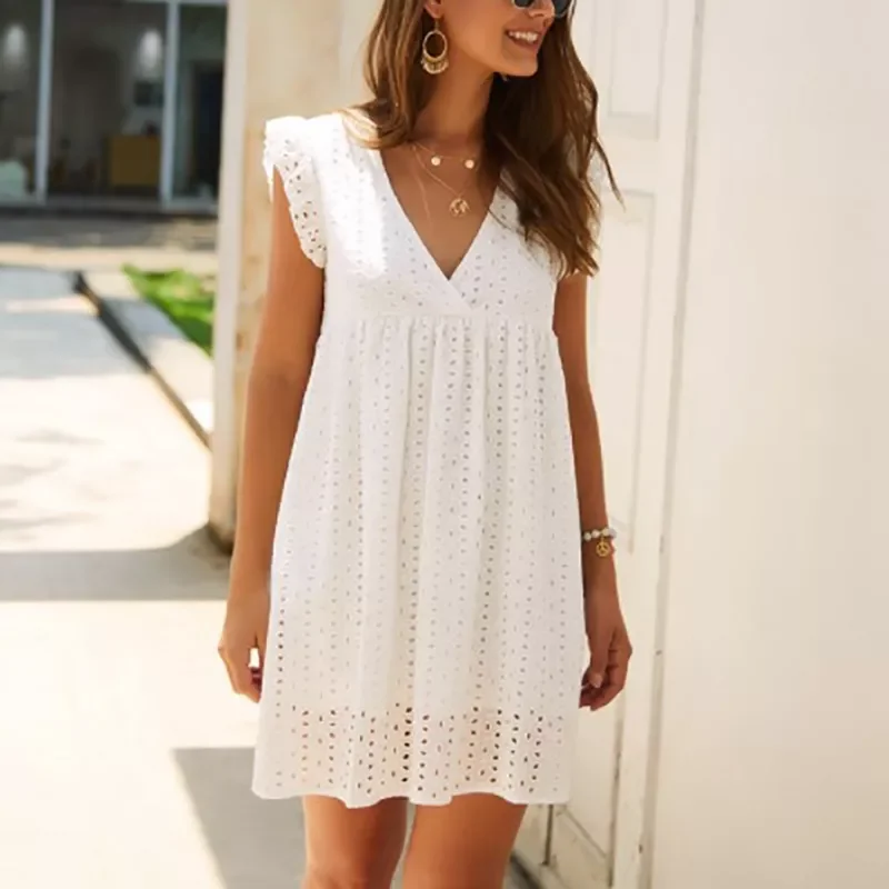 

Lace Jacquard Mini White Dresses For Women 2022 Elegant V Neck Flying Sleeve Beach Vacation Party Loose Casual Dress Black Pink