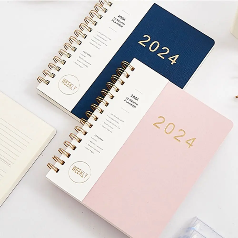 

PU Leather Cover 2024 Planner Calendar Notebook Printed Tabs Thick Paper English Agenda Notepad 12 Months Twin-Wire Binding