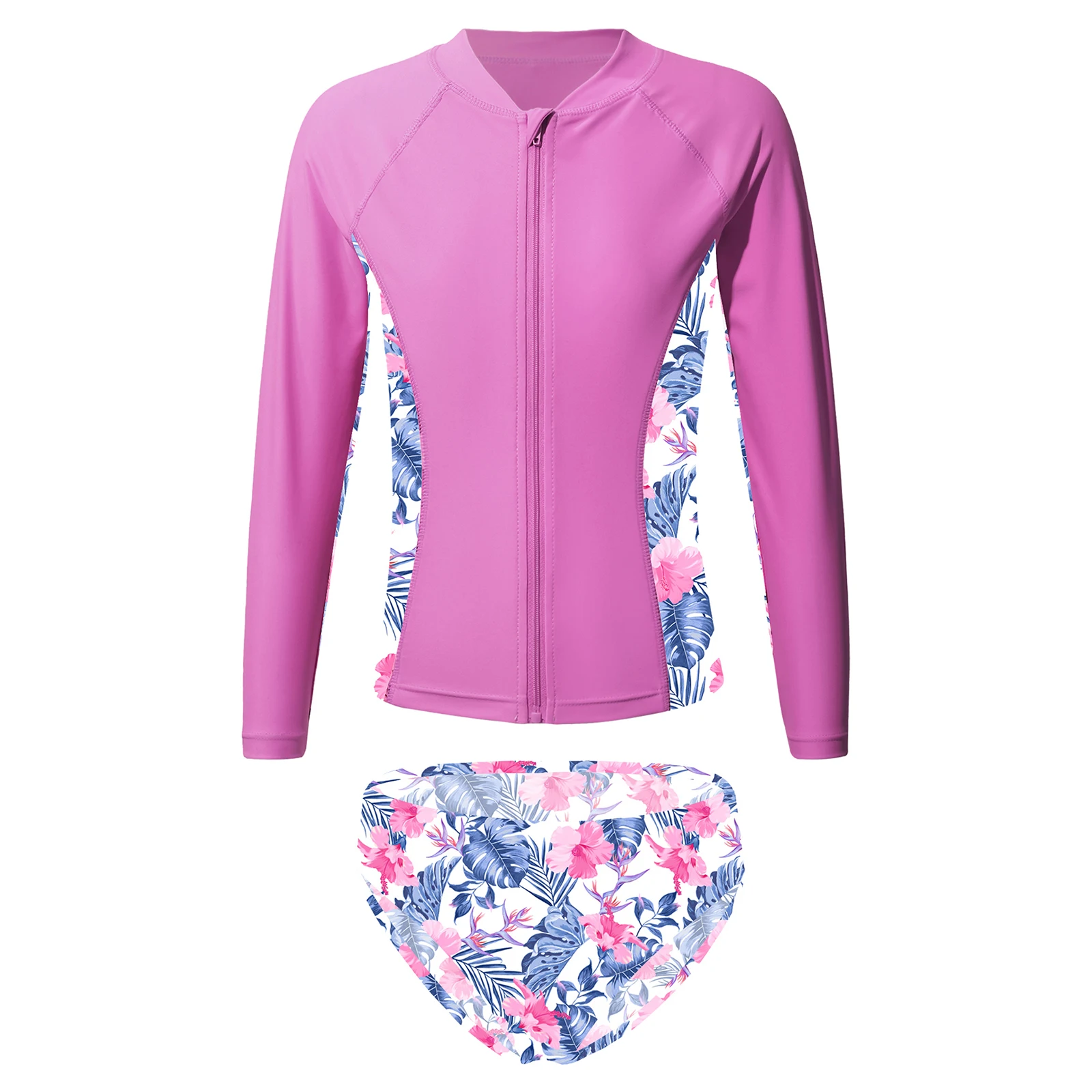 

Kid Girls 2PCS Swimwear Rash Guard Long Sleeve Front Zipper Outerwear with Swim Briefs Swimsuit Swimming Beach Pool Bathing Suit