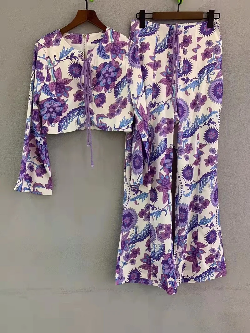 

High Quality Designer Clothing Sets 2022 Spring Summer 2 Piece Pant Sets Women Cross String Long Sleeve Tops+Purple Print Pants