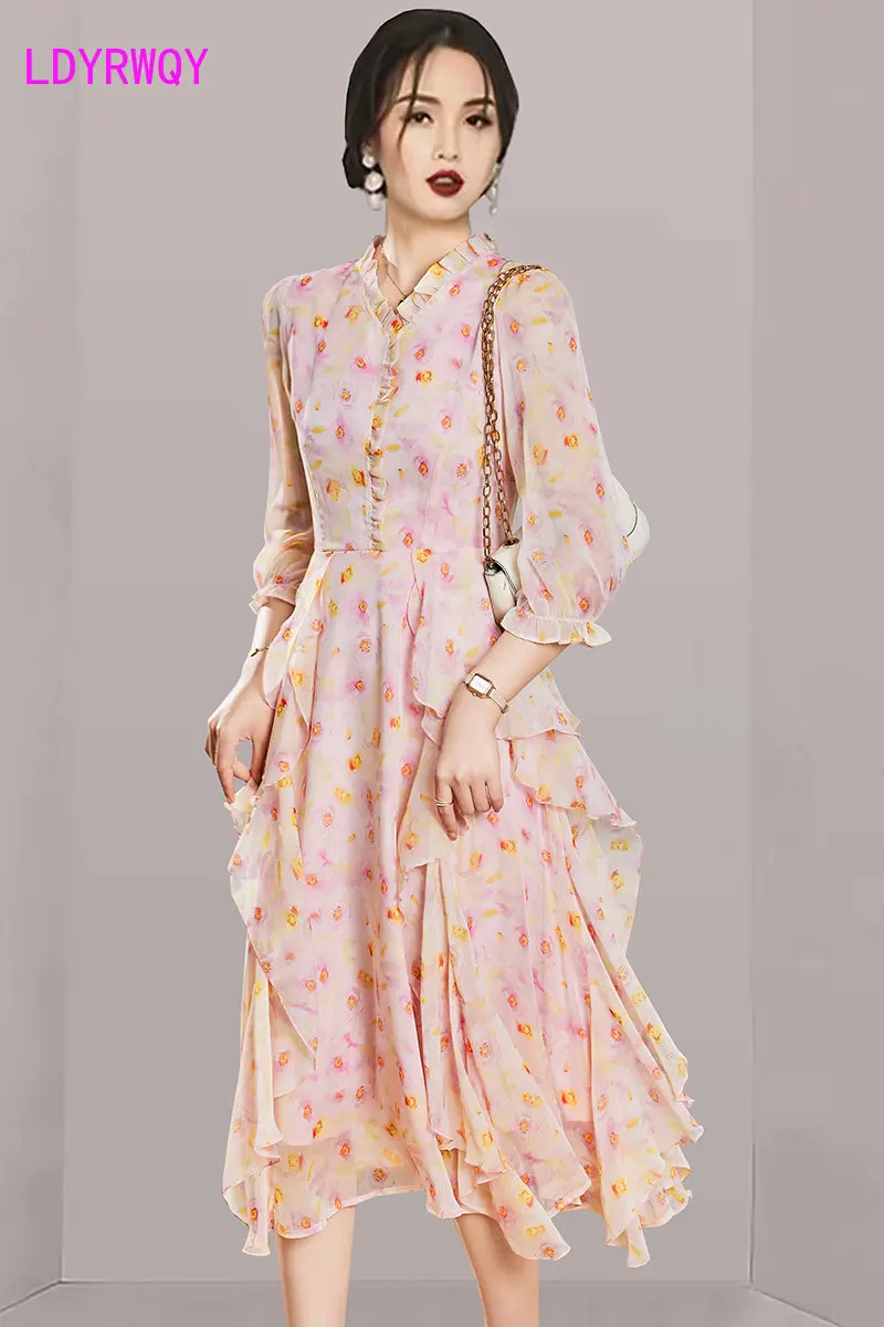 

Spring/Summer 2023 pink chiffon floral cropped sleeve dress