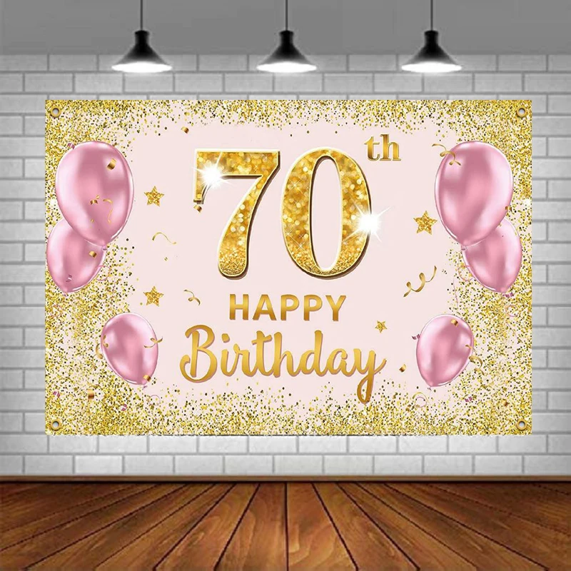 

Photography Backdrop Happy 70th Birthday Banner Party Decorations Supplies Balloon Spots Background For Women - Gold Pink