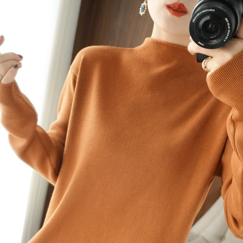 

Autumn and Winter New Sweater Women's Half High Neck Pullover Bottomed Sweater Solid Color Long Sleeve Simple Inner Sweater