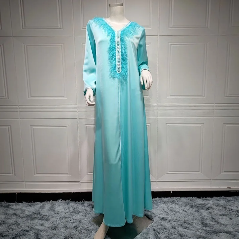 Father Jalabiya Maxi Dress Women Fashion Ethnic Long Sleeve Loose Abaya Muslim Saudi Arabic Morroco Kaftan Party Gown Cyan New