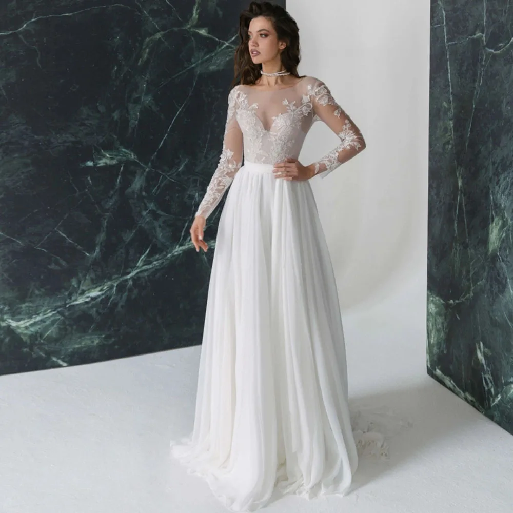 

Sexy O Neck Wedding Dresses Women 2023 Full Sleeve A-Line Bridal Gowns Chiffon Applique Illusion Simple Elegant Robe De Mariée