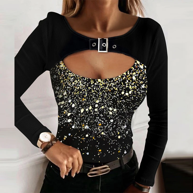 

Женская блузка с длинным рукавом, повседневный облегающий пуловер с круглым вырезом и вырезами, весна 2019