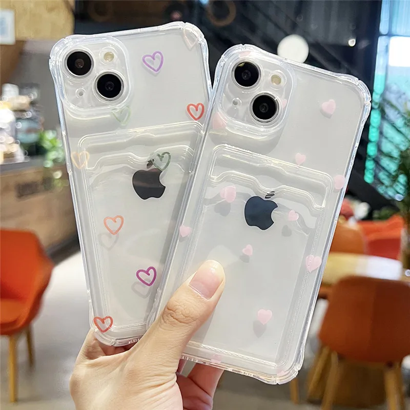 

Ottwn Shockproof Transparent Card Bag Phone Case For IPhone 13 14 12 11 Pro MAX XS XR X Love Heart Soft Clear Back Cover Bumber