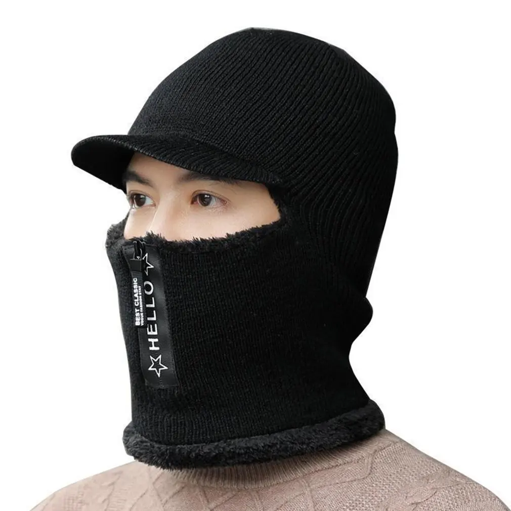 

Cycling Warm Hat Men Winter Knitted Hat With Zipper Fur Lined Brim Winter Hats Men Keep Face Ear Neck Warm Riding Windproof Cap