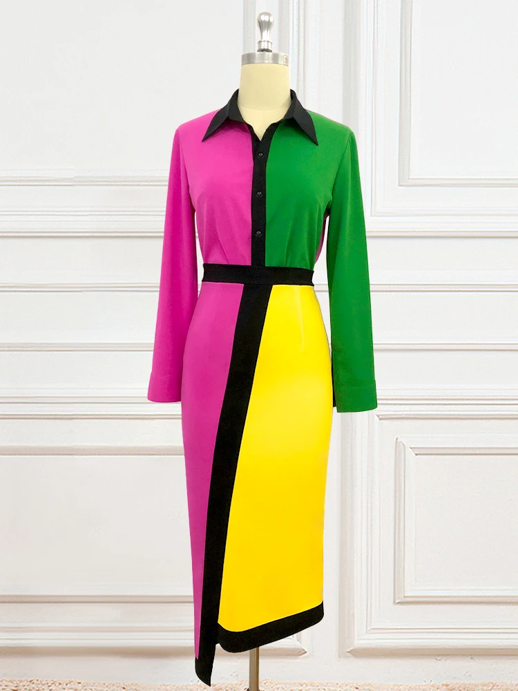 Plus Size Color Block Dress Women Patchwork Turn Down Collar Robe Long Sleeves Elegant Slim Spring Fashion Office Ladies Classy