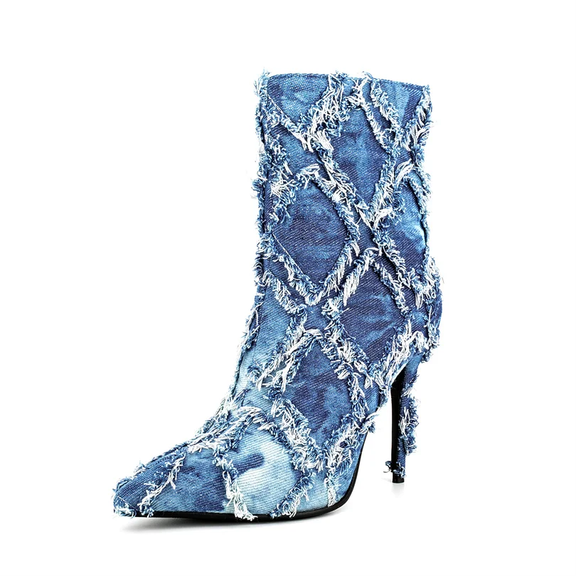 

Женские джинсовые ботинки, коллекция зимы 2023, сексуальная женская обувь на тонком высоком каблуке, элегантная обувь с острым носком, женские ботинки, Прямая поставка